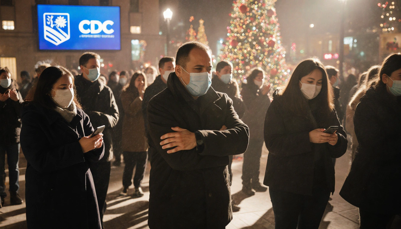Person clutching arm in discomfort among crowded masked crowd with CDC TV screen showing flu stats