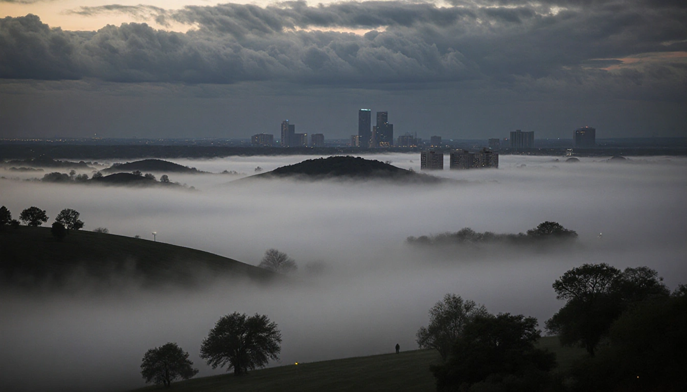 Fog envelops rolling hills and misty trees with distant buildings shrouded and streetlights faint.