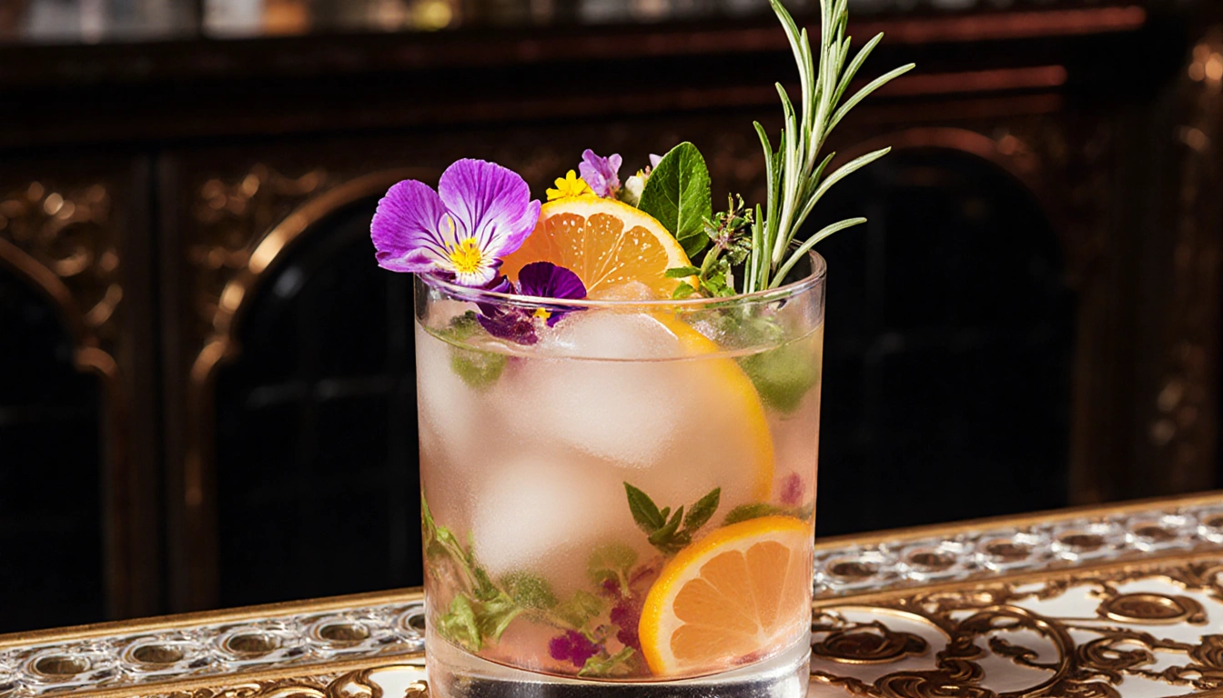 Foggy Fongo cocktail gleams with edible flowers and citrus on ornate bar in dimly lit setting