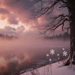 Fog rolling over snow‑covered lake shore with orange‑pink dusk sky and stormy clouds gathering overhead