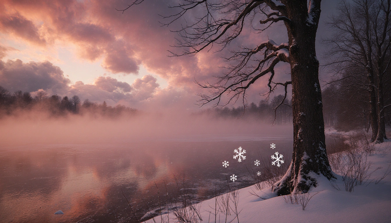 Fog rolling over snow‑covered lake shore with orange‑pink dusk sky and stormy clouds gathering overhead