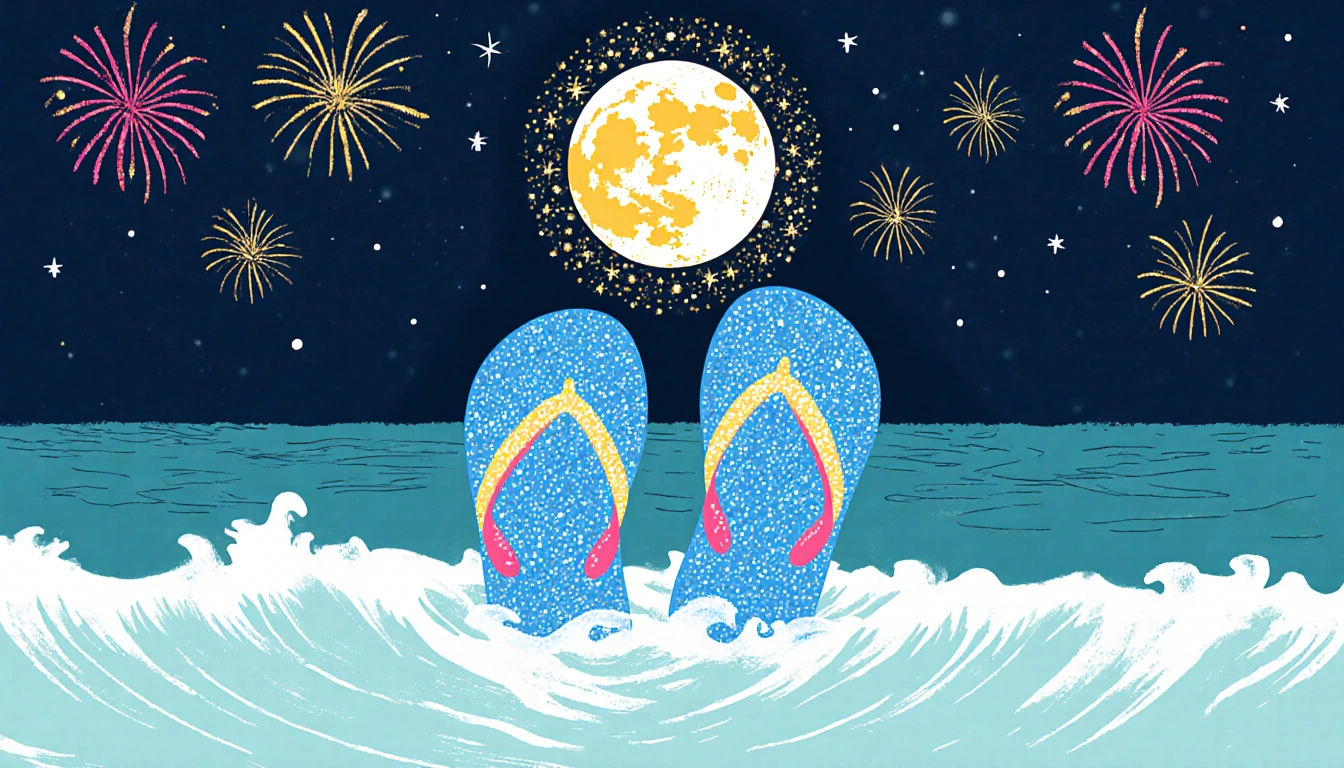 Sparkly flip-flops float on ocean waves with glittering fireworks and a beach-ball moon rising above the horizon.