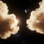 Dust clouds glow with golden light while stars twinkle over a starry dusk backdrop featuring Fomalhaut