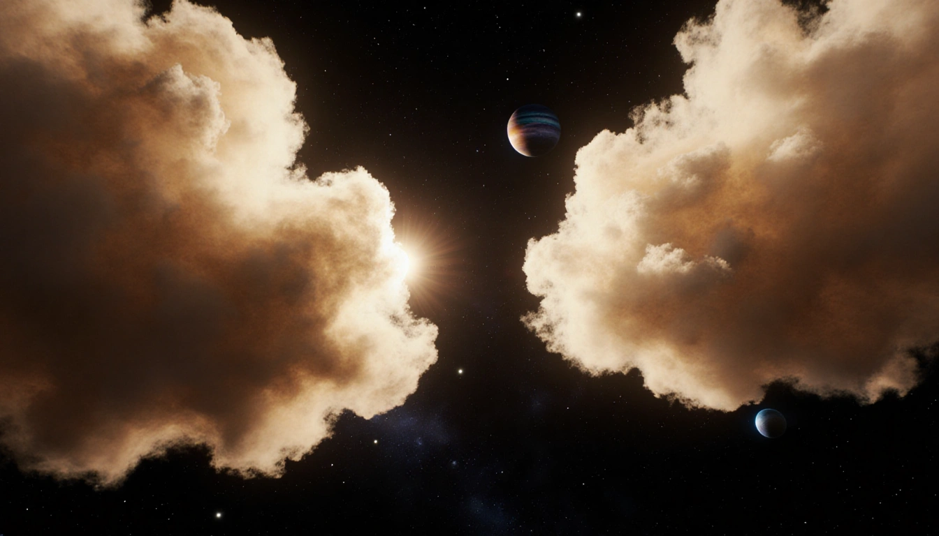 Dust clouds glow with golden light while stars twinkle over a starry dusk backdrop featuring Fomalhaut