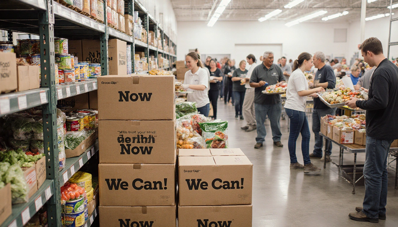 Volunteers sorting food donations with healthy groceries and smiling recipients enjoying nutritious meals in serving area
