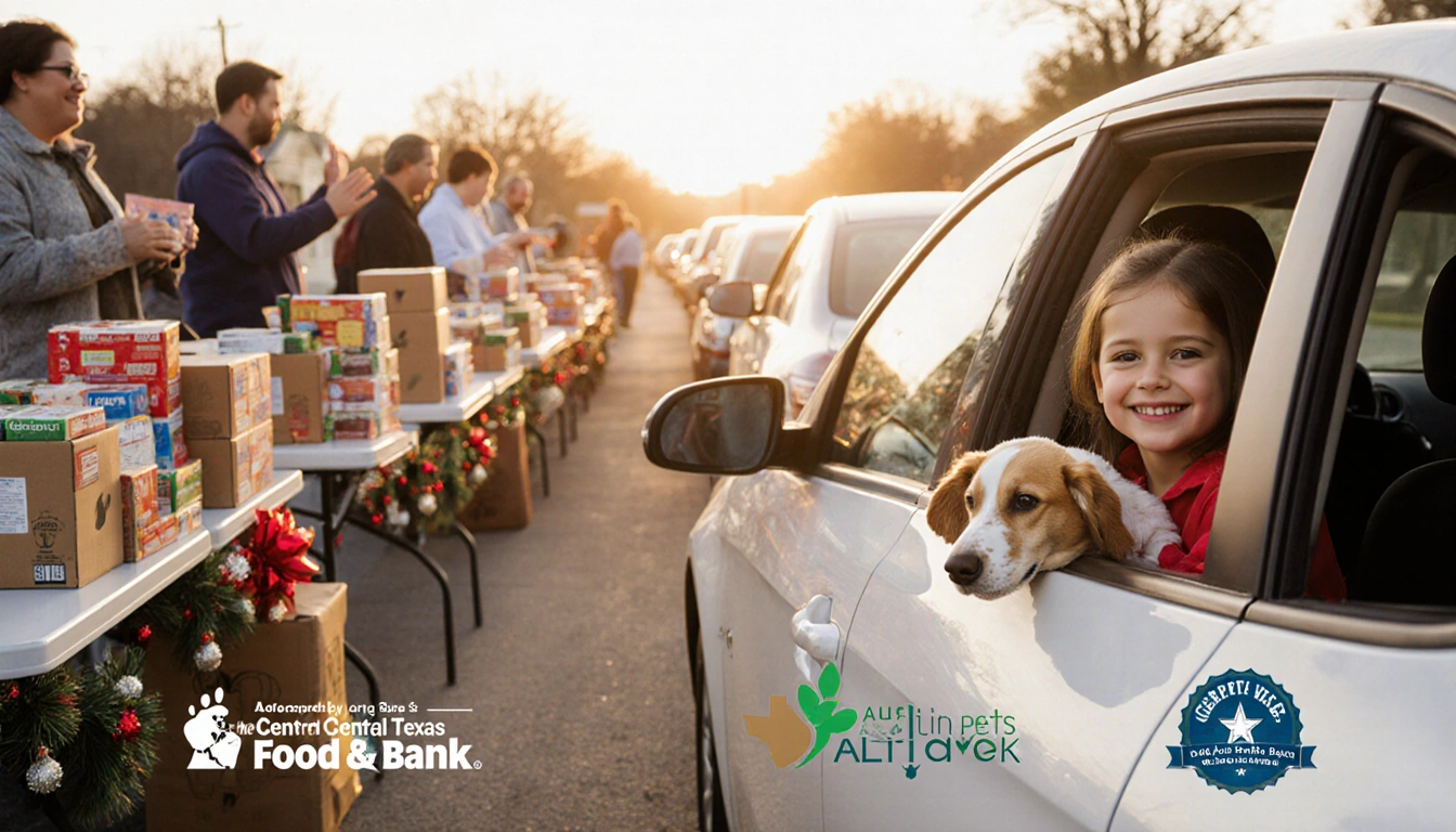 Volunteer handing out groceries and pet supplies with smiling drivers and a child clutching a stuffed animal.