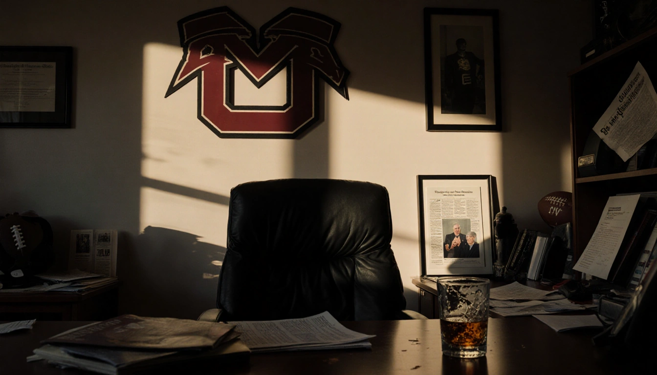Empty coach chair rests with shattered whiskey glass and newspaper clipping covering a photo in a cluttered office