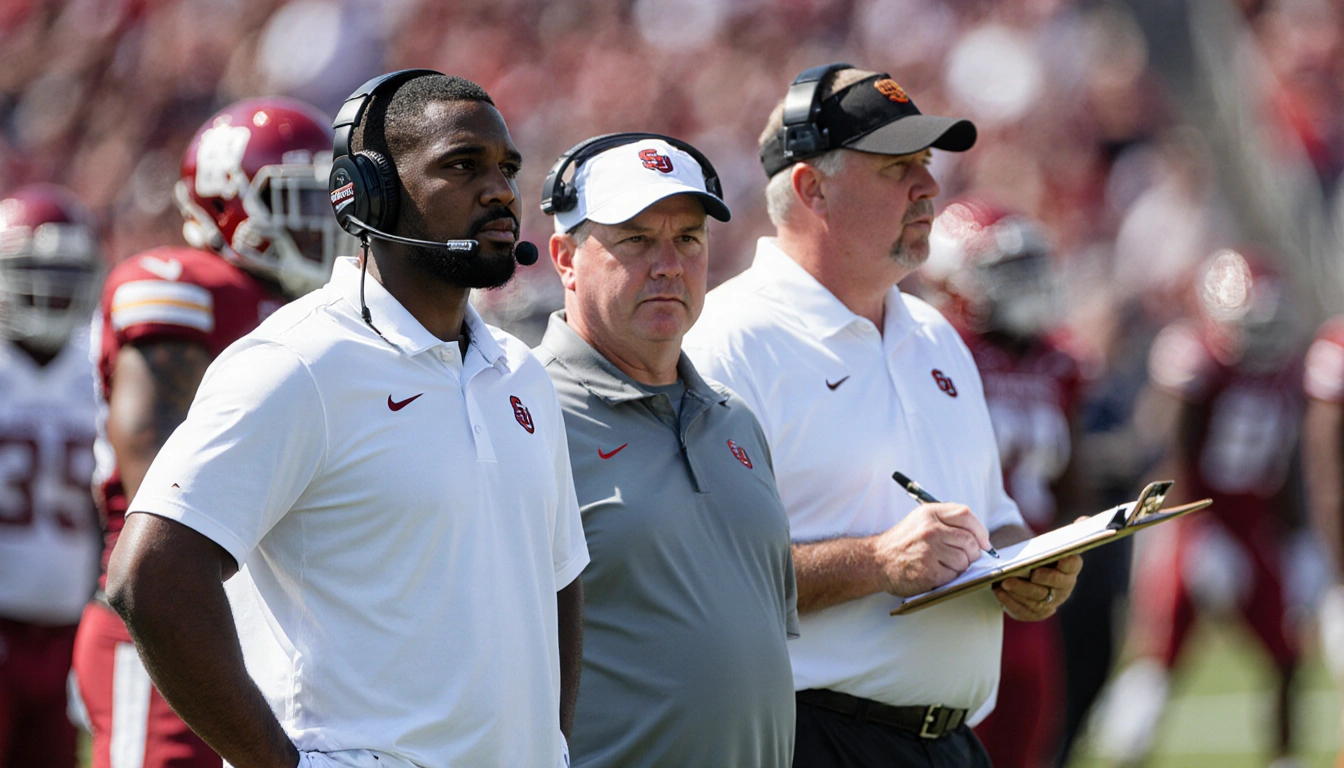 Coaches Jabbar Juluke with headset and Will Muschamp taking notes observe practice sidelines with players in background