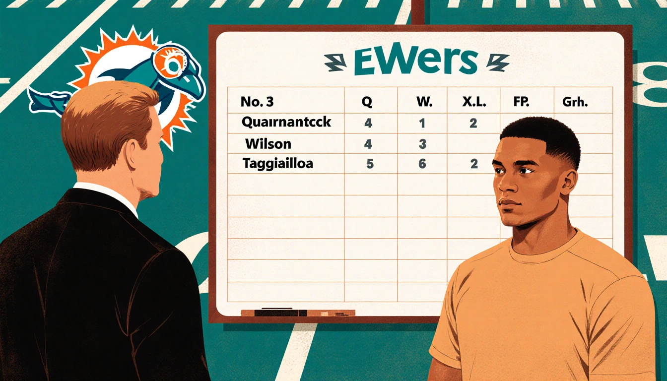 Ewers stands before coach in football with depth chart showing him as No.3 QB and eyes fixed on coach and Dolphins logo behin