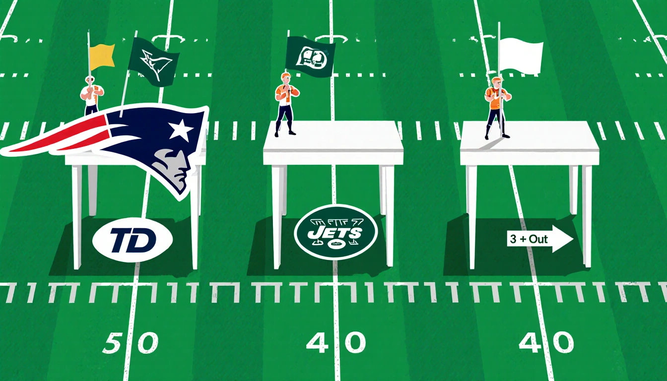 Football field with Patriots table showing touchdown at 2 yards and Jets table showing first down at 20 yards, flags