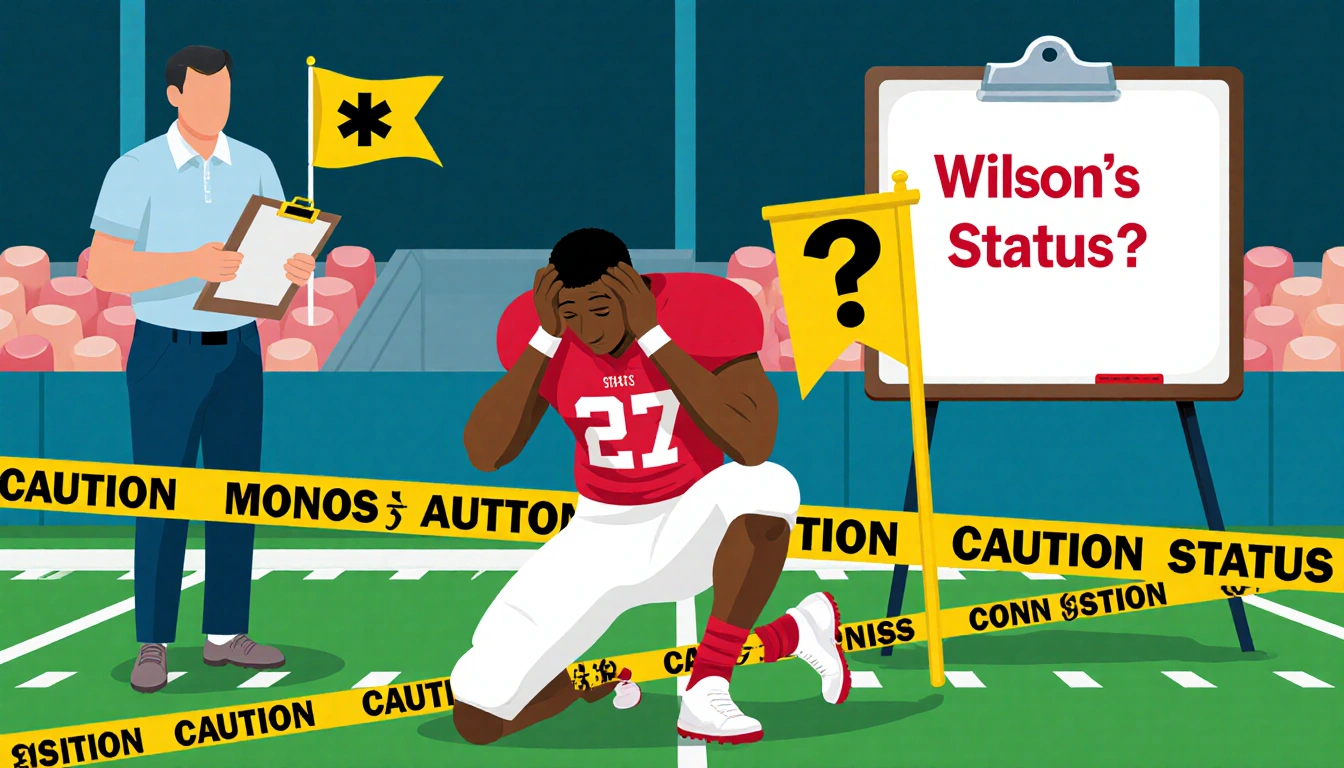 Emanuel Wilson kneels holding his head with caution tape and a flag while a clipboard and status board are visible on a footb