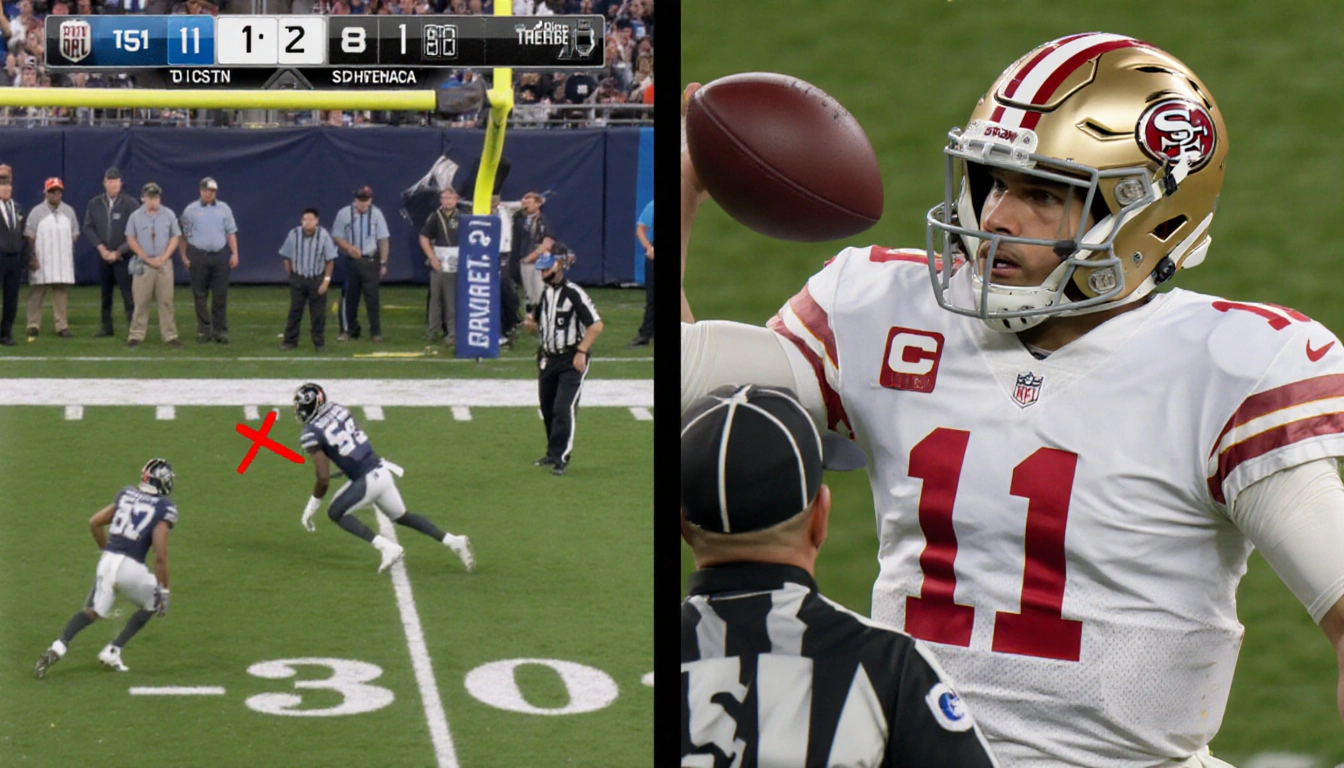 Quarterback throws frustrated touchdown pass with referee flag and red X marking St. Brown's release