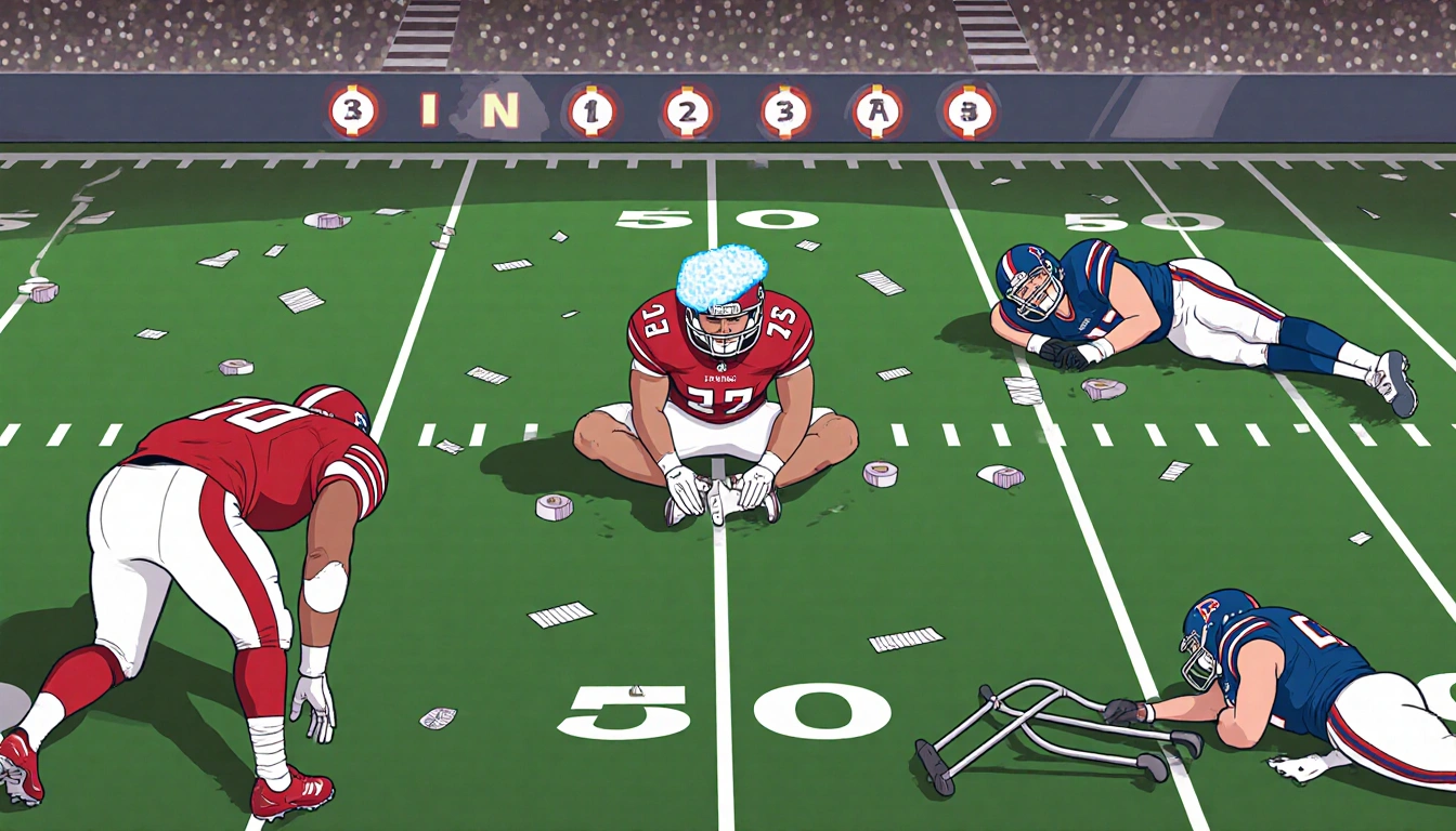 Daron Payne holding his back in pain with injury bandages and crutches on the football field