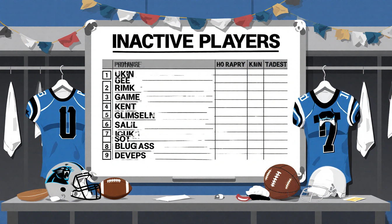 Football locker room shows inactive player list on whiteboard with Panthers names and helmet jersey decor
