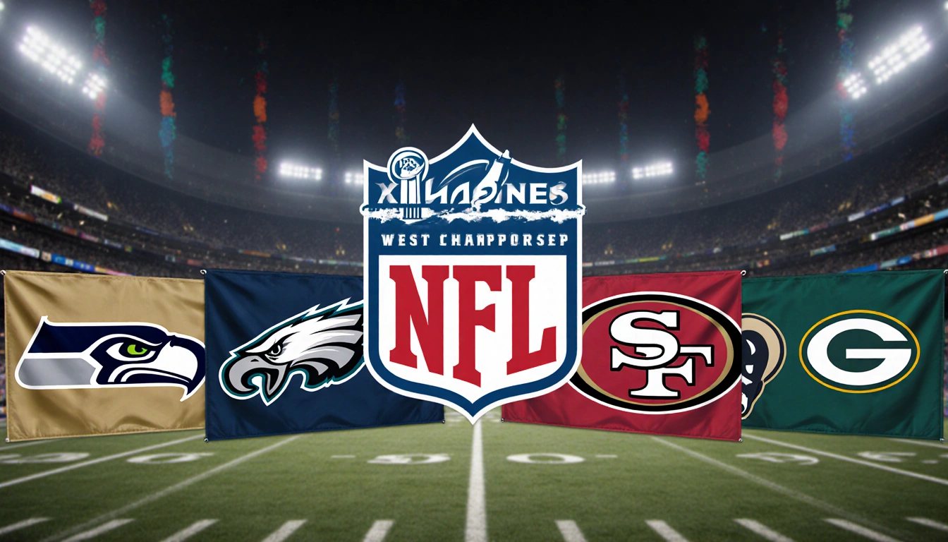 Six football team logos stand on the stadium with the NFC logo centered and a banner behind