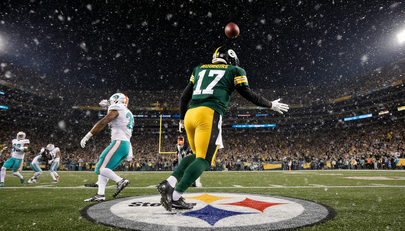 Aaron Rodgers passing a touchdown to DK Metcalf with green jersey under falling snow in night game
