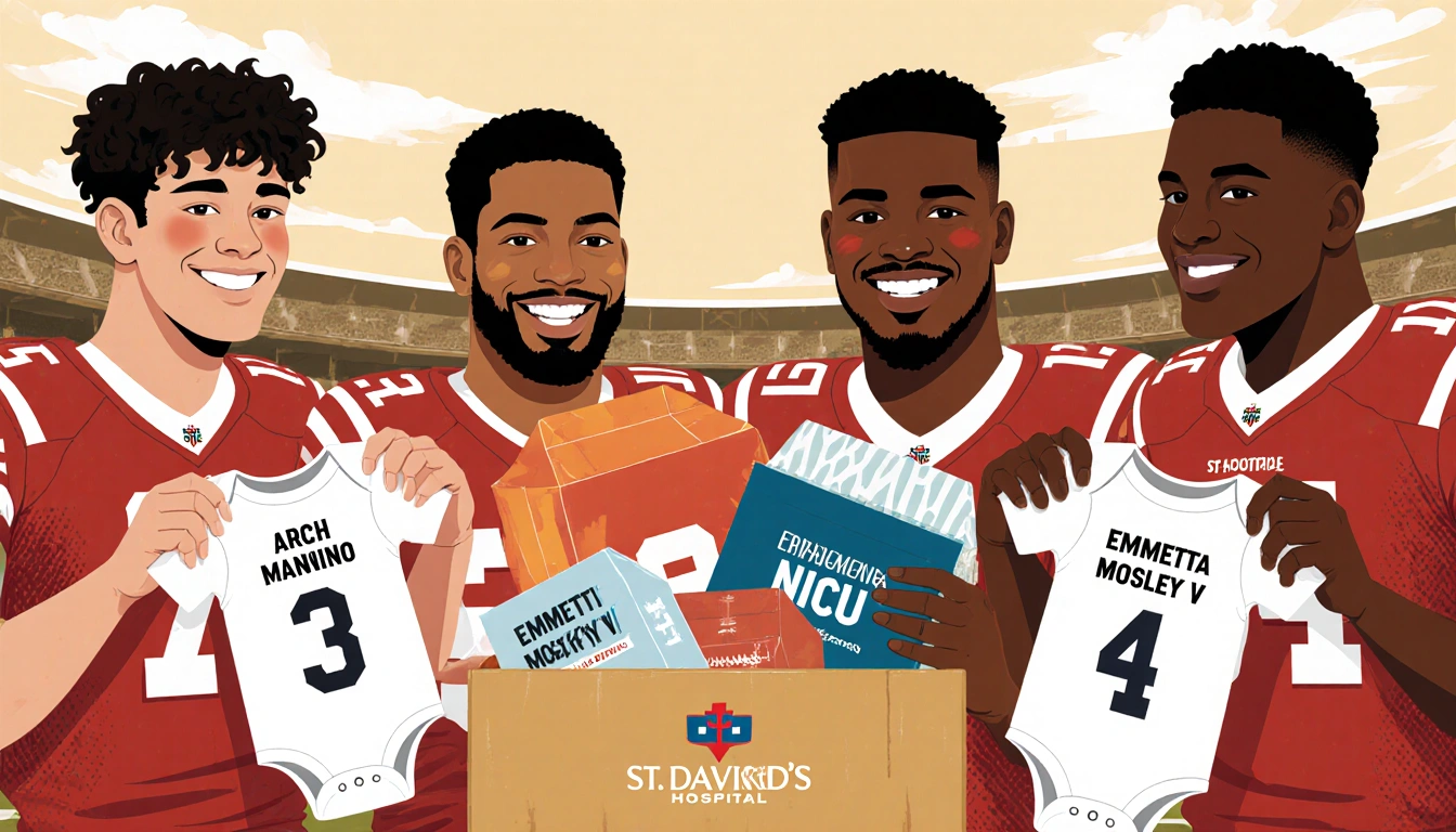Smiling players placing gifts with embroidered onesies and care packages beside St. David's NICU branding in stadium backdrop