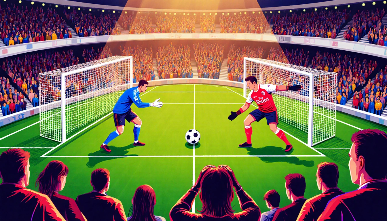 Goalkeepers face off in a football penalty shootout with ball at center and tense fans watching.