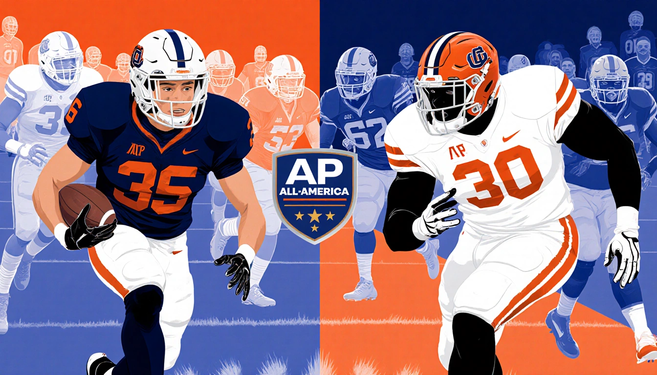 Michael Taaffe making a tackle with an All-America badge on his jersey and faint outlines of college football in background