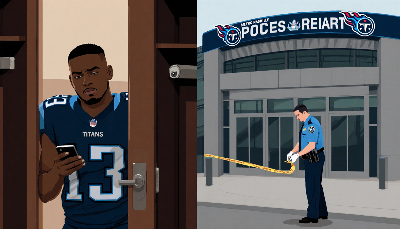 Jeffery Simmons holds a phone in front of a locker room door while a detective examines evidence near the stadium entrance