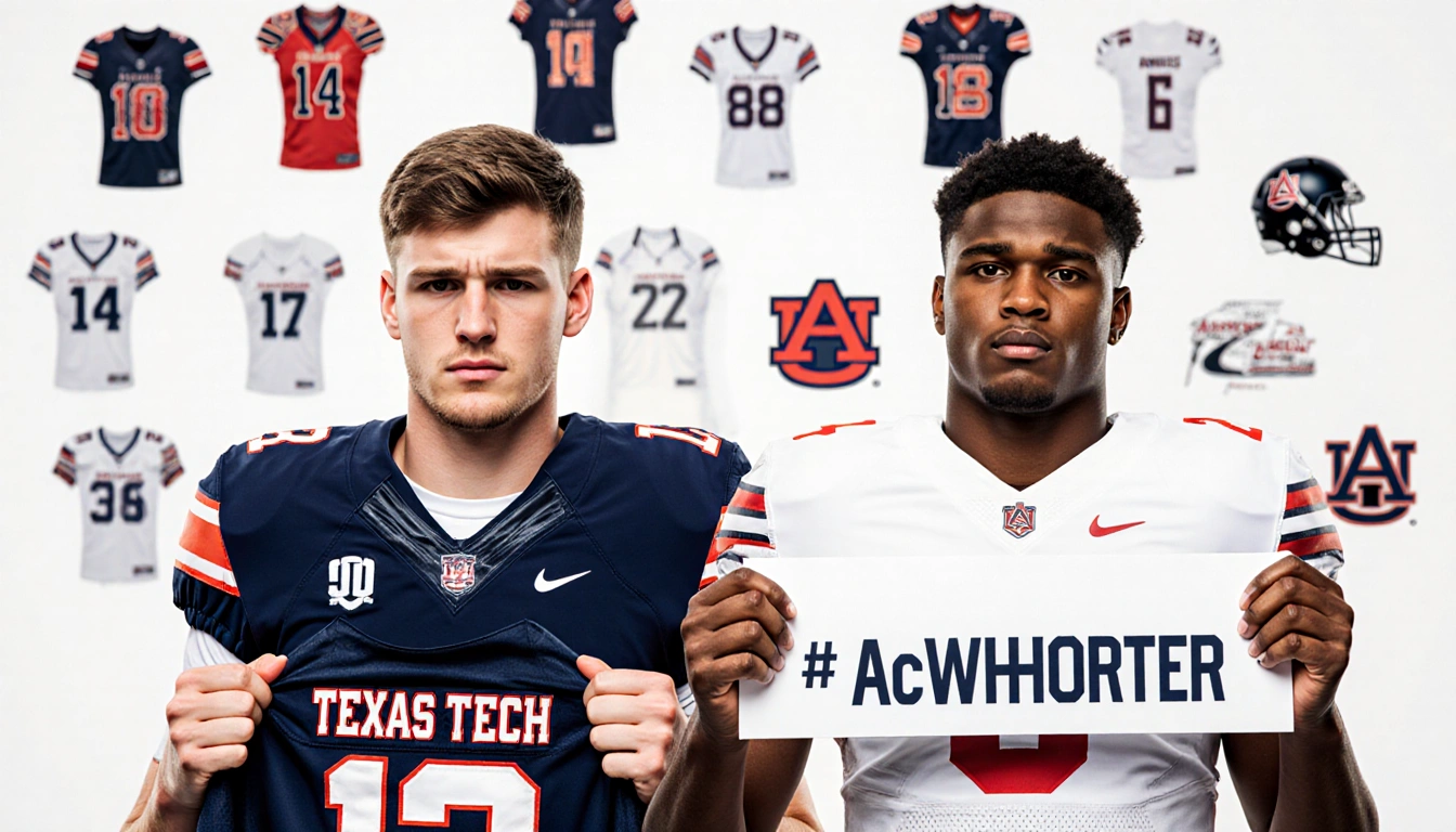 Two football recruits stand in front of blurred college logos with Texas Tech jersey and Auburn sign and looking uncertain.