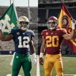 Notre Dame football player raising a faded Irish flag with USC player holding a bright Trojans flag near a worn stadium backd