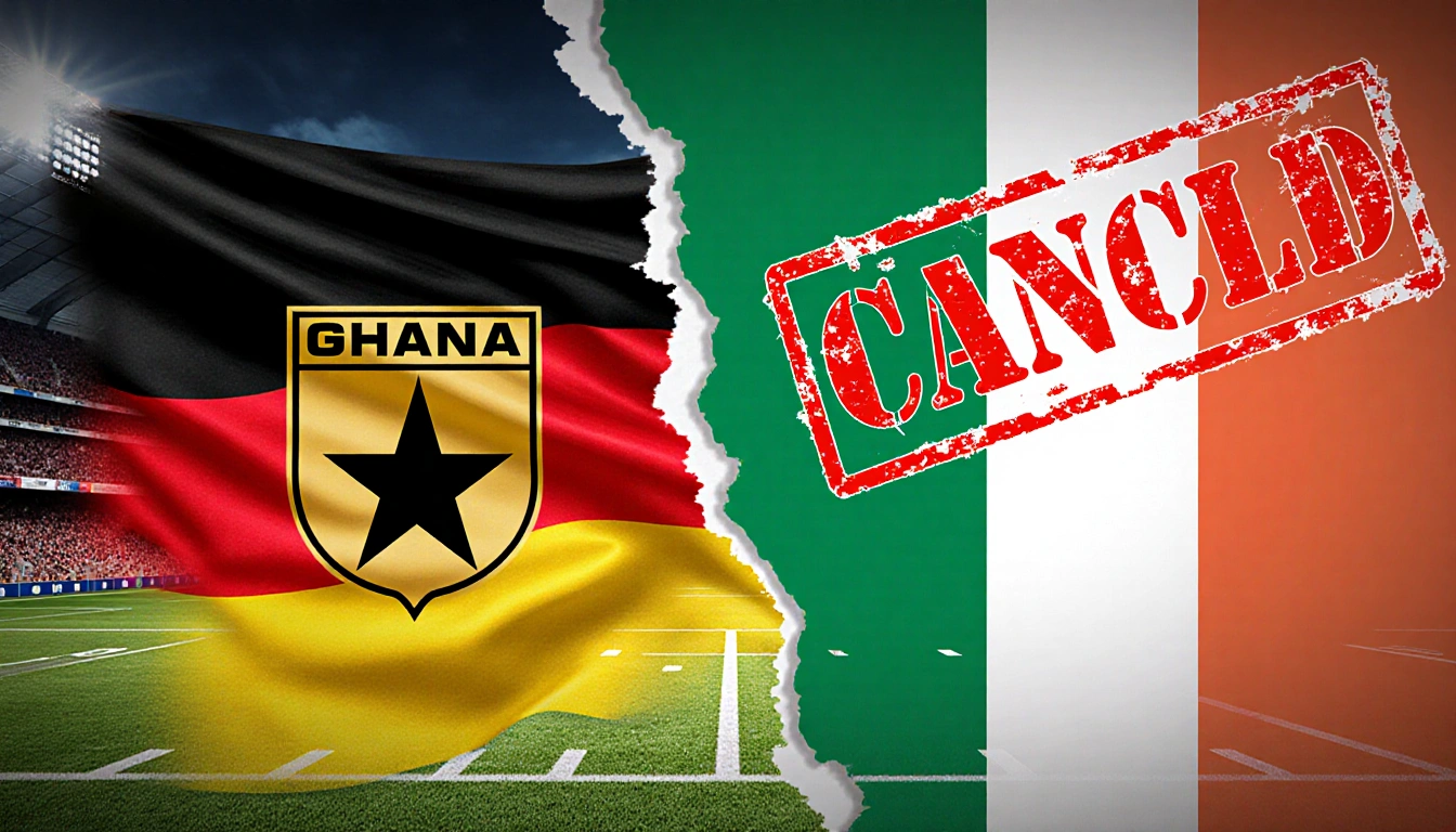 German team logo glows with Ghanaian flags and a cancelled Ivory Coast flag over split football fields.