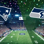 Stadium erupts with fans and confetti under a scoreboard showing 49ers vs Seahawks with navy blue and midnight green field.