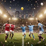 Players from Arsenal, Manchester City, and Aston Villa engage in action-packed football on a packed pitch with bright stadium