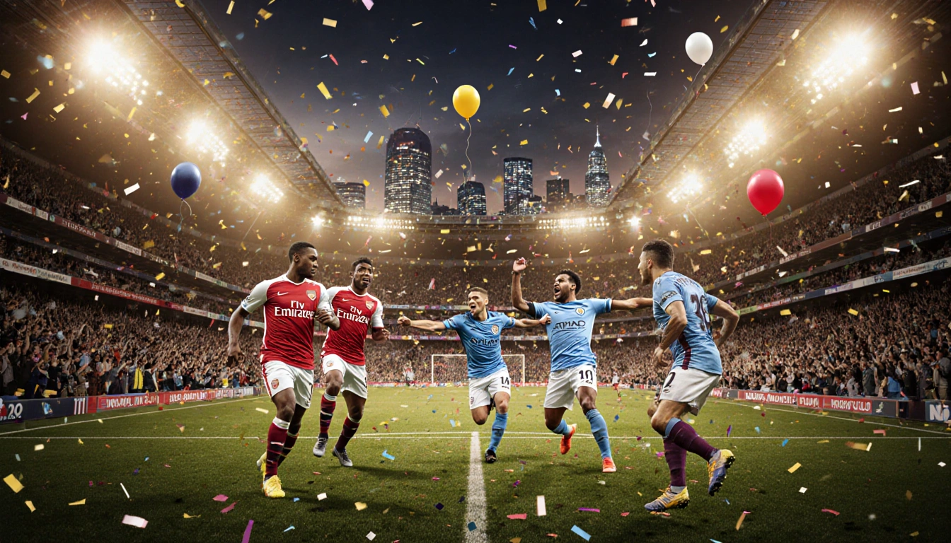 Players from Arsenal, Manchester City, and Aston Villa engage in action-packed football on a packed pitch with bright stadium
