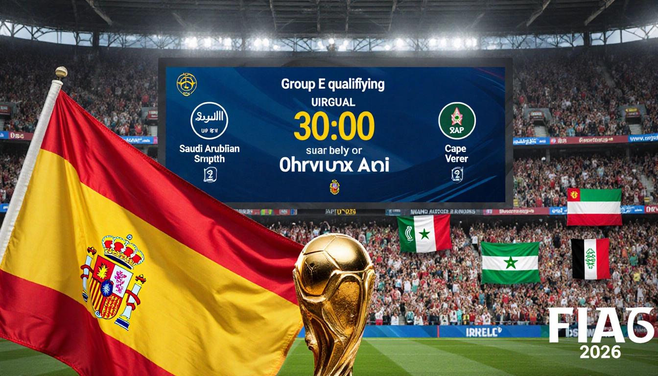 Spectators wave Uruguay Saudi Arabia and Cape Verde flags with a giant Spanish flag over trophy in football stadium scoreboar