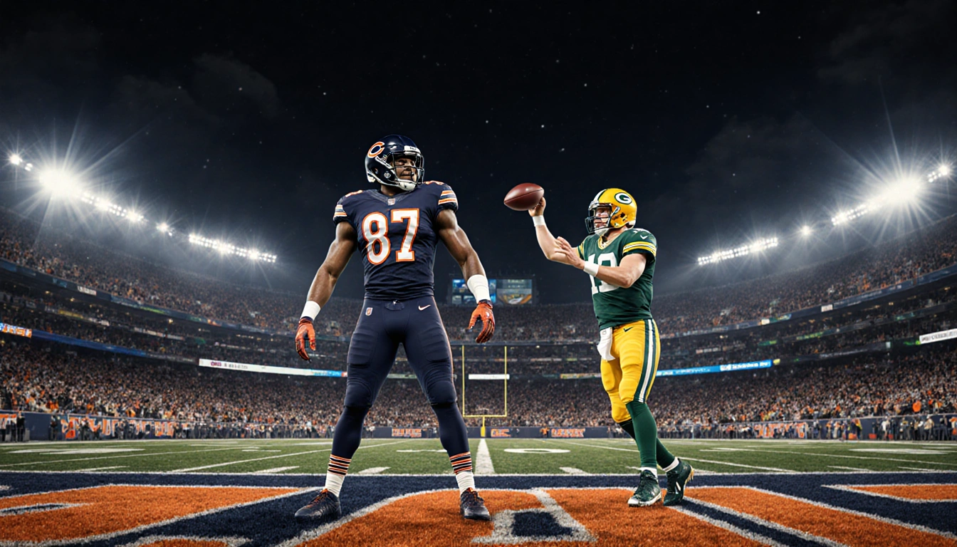 Tremaine Edmunds stands confidently with Jordan Watson throwing a pass in a brightly lit Chicago Bears football stadium night