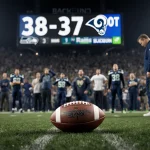 Coach Chase Blackburn stands defeated with head bowed and scoreboard reading 38-37 in the football stadium