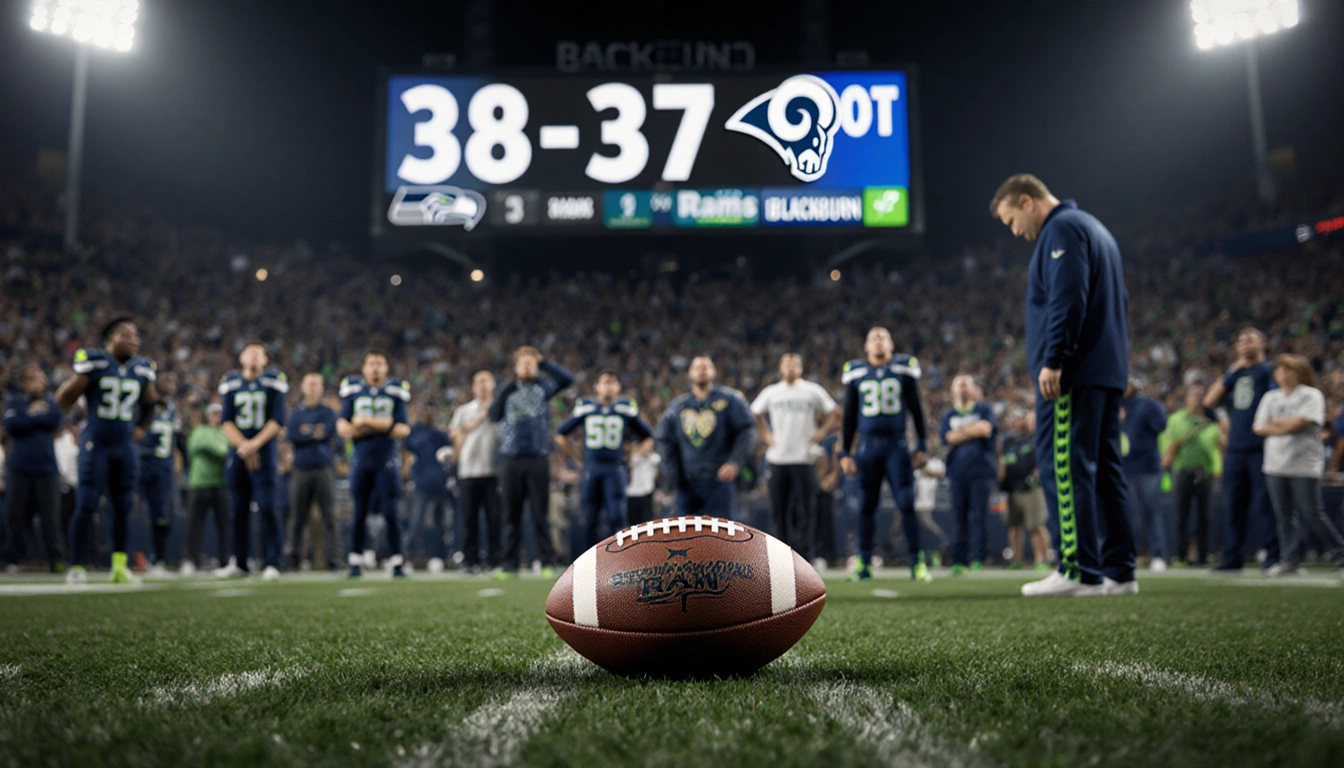 Coach Chase Blackburn stands defeated with head bowed and scoreboard reading 38-37 in the football stadium