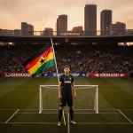 German footballer standing confidently with Ghanaian flag and stadium crowd at sunset behind Stuttgart cityscape