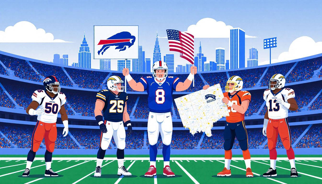 Three football teams celebrating victories with the Buffalo Bills holding a flag and the Chargers holding a map beside a stad