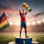 Footballer holding World Cup trophy aloft with triumphant smile amid sunset cityscape and waving flag