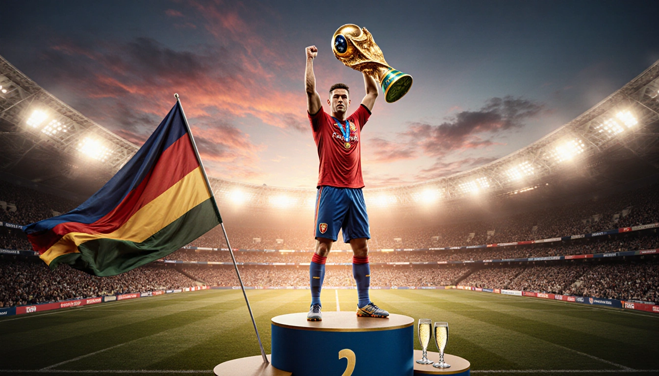 Footballer holding World Cup trophy aloft with triumphant smile amid sunset cityscape and waving flag