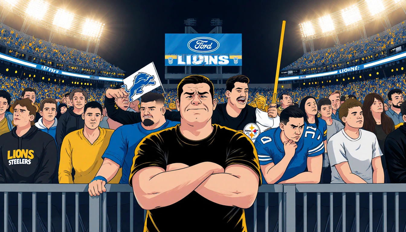 Lions fan frowning as DK Metcalf swipes behind him with stadium lights and scoreboard glow.