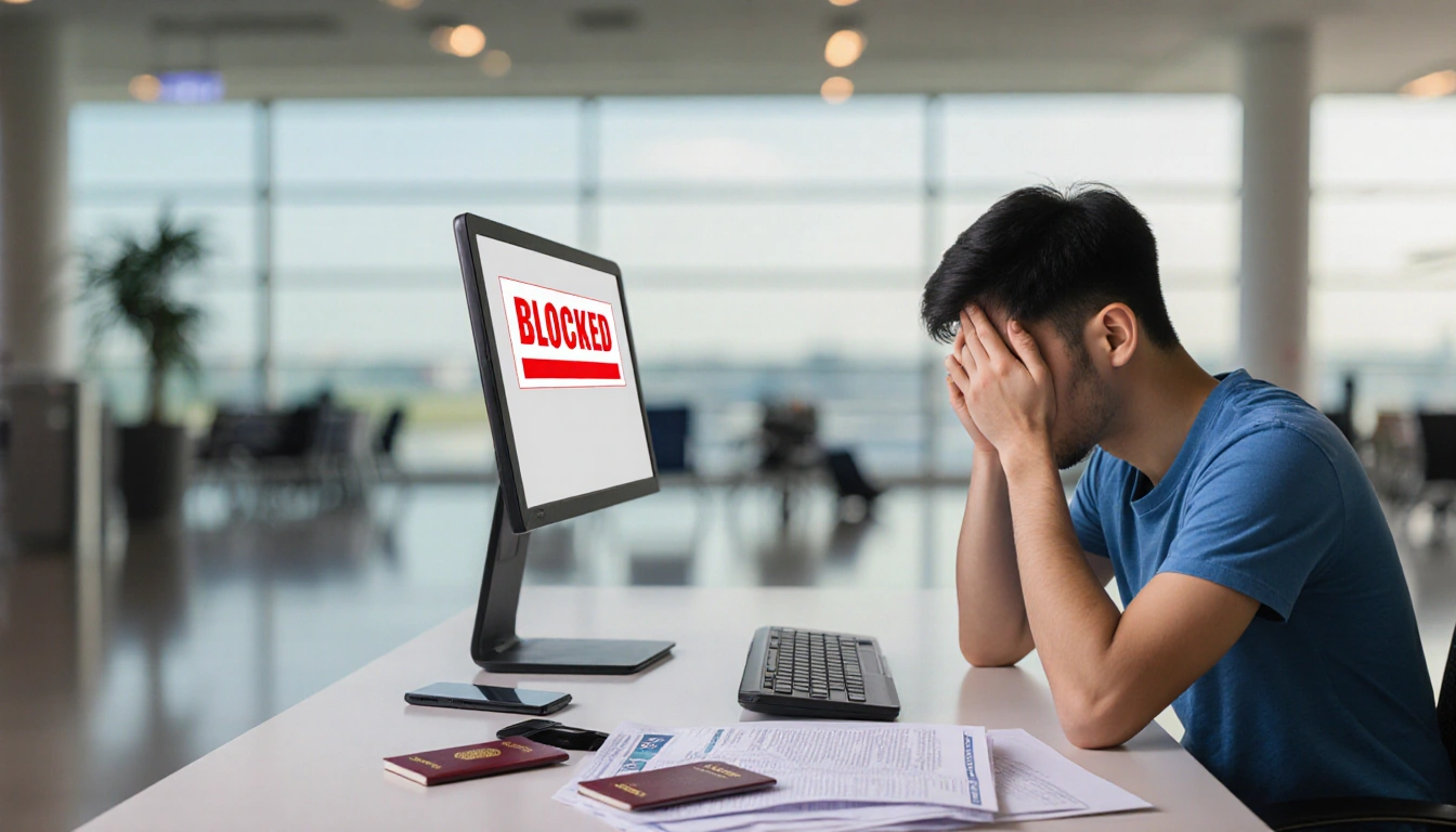 Frustrated foreign worker sits at computer with blocked internet and scattered visa renewal documents near passport