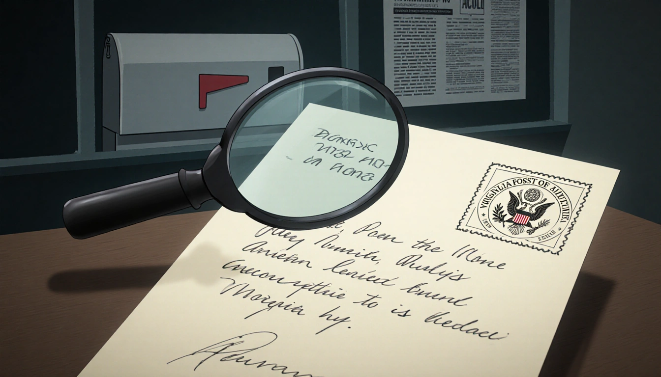Forensic expert examining a fake letter with magnifying glass highlighting inconsistencies and Virginia postmark.