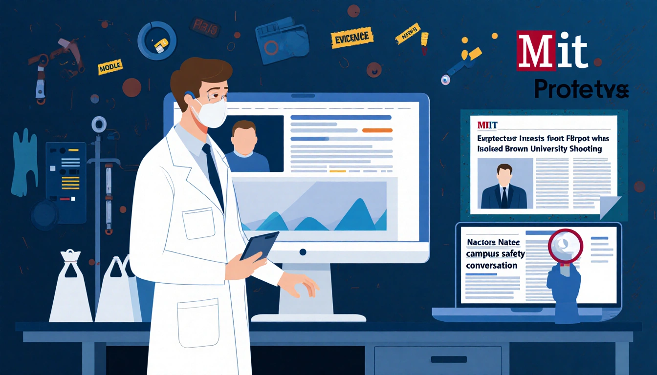 Forensic investigator examining computer screen with FBI case files and evidence bags nearby.