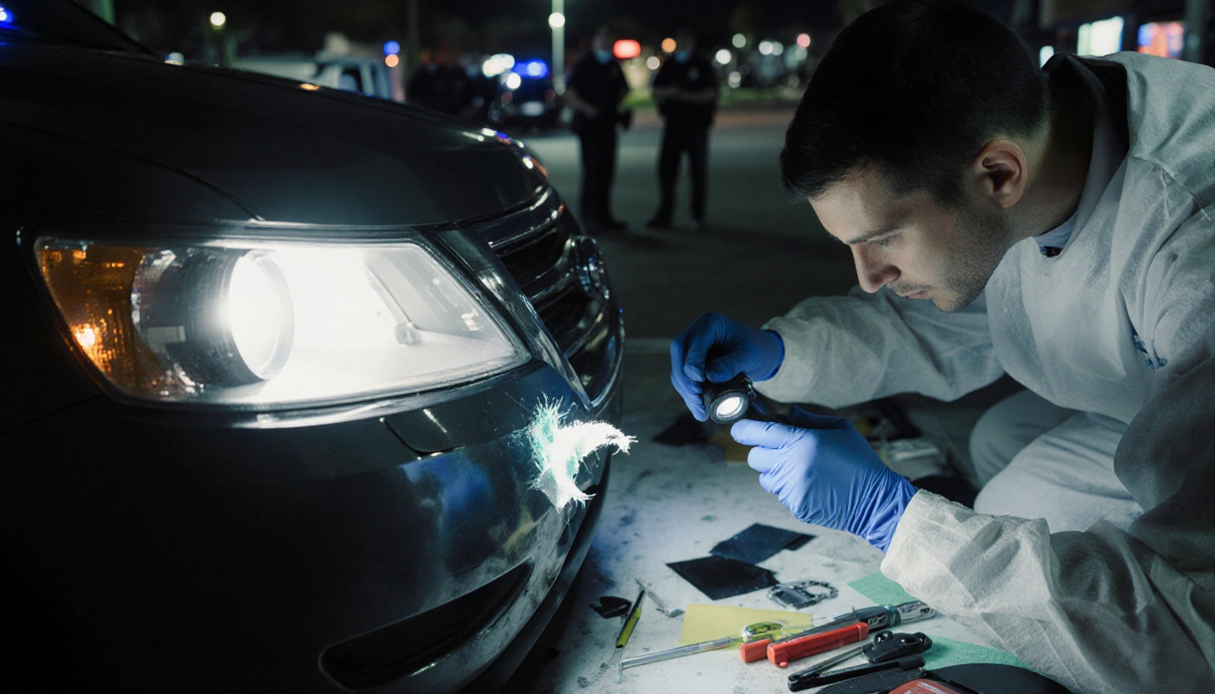 Forensic investigator examining torn fabric scene in broken headlight with flashlight and police reviewing footage background