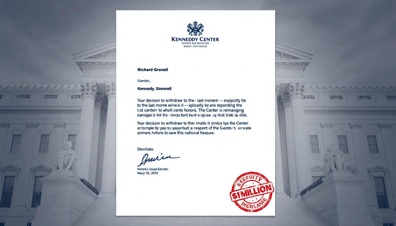 Formal letter showing red $1 million stamp near bottom with subtle Kennedy Center logo texture on white background
