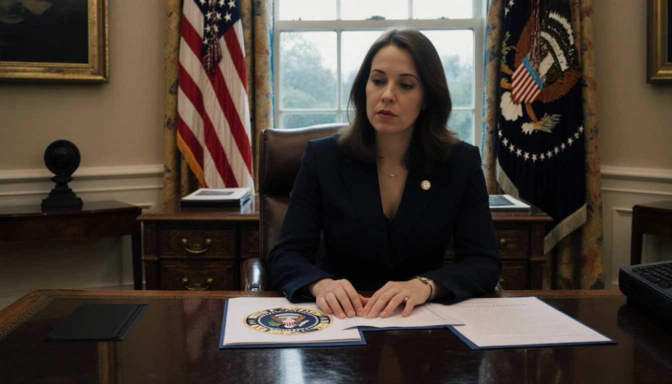Abigail Jackson typing at desk with presidential seal and White House logo documents near a dimly-lit window