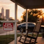 For Sale by Owner sign displays listing with wooden rocking chair and warm sunset glow.