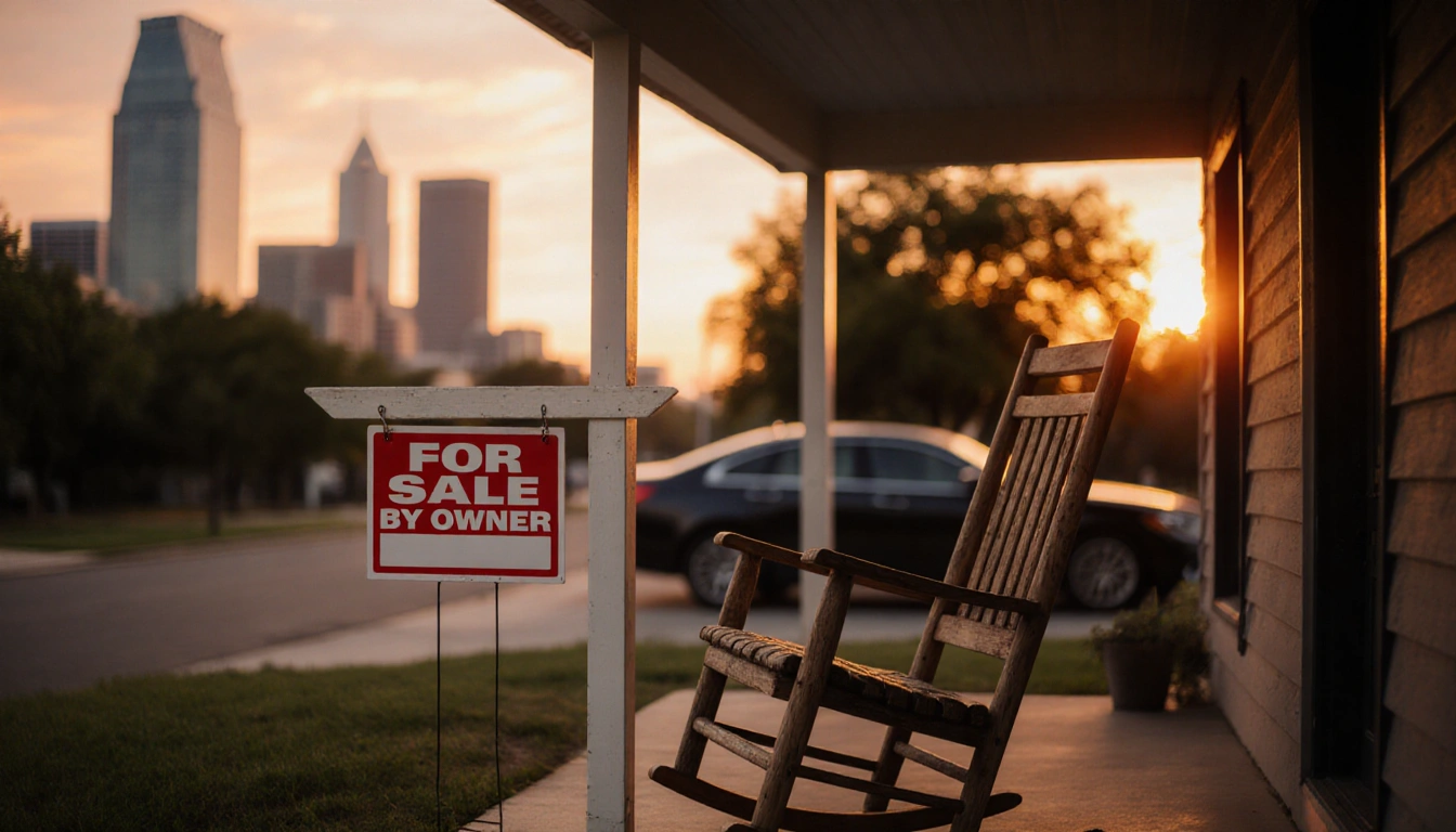 For Sale by Owner sign displays listing with wooden rocking chair and warm sunset glow.