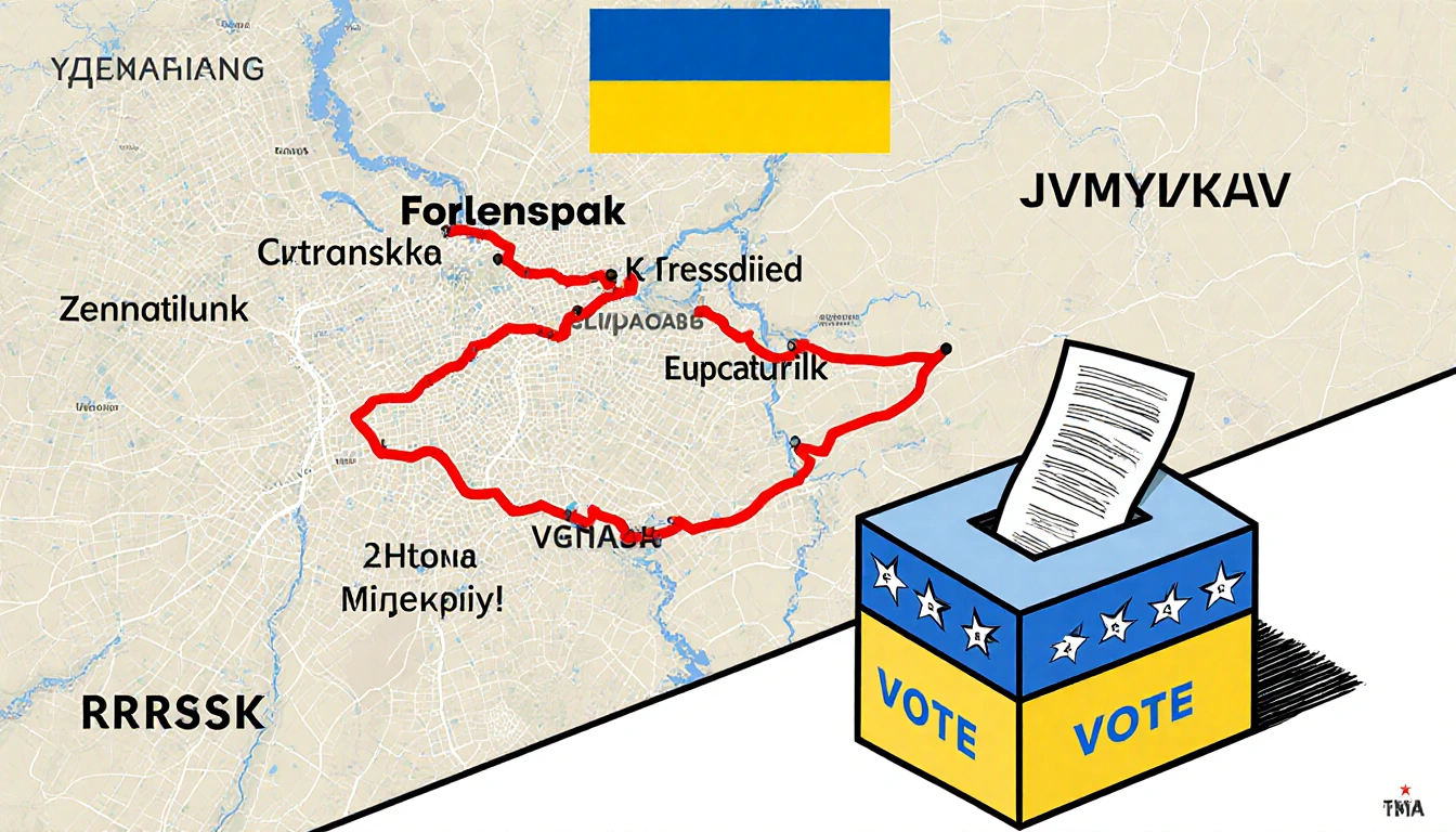 Map shows fortress belt around Kramatorsk and Sloviansk with red line and flags while a ballot box holds Ukrainian votes