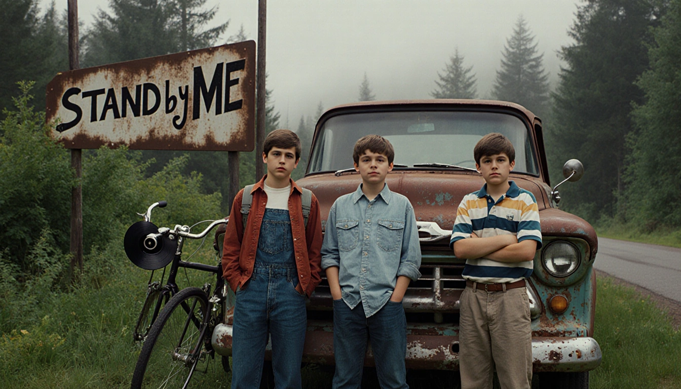 Four boys standing with an old truck and faded Stand by Me sign amid misty Oregon greenery and nostalgic vinyl records