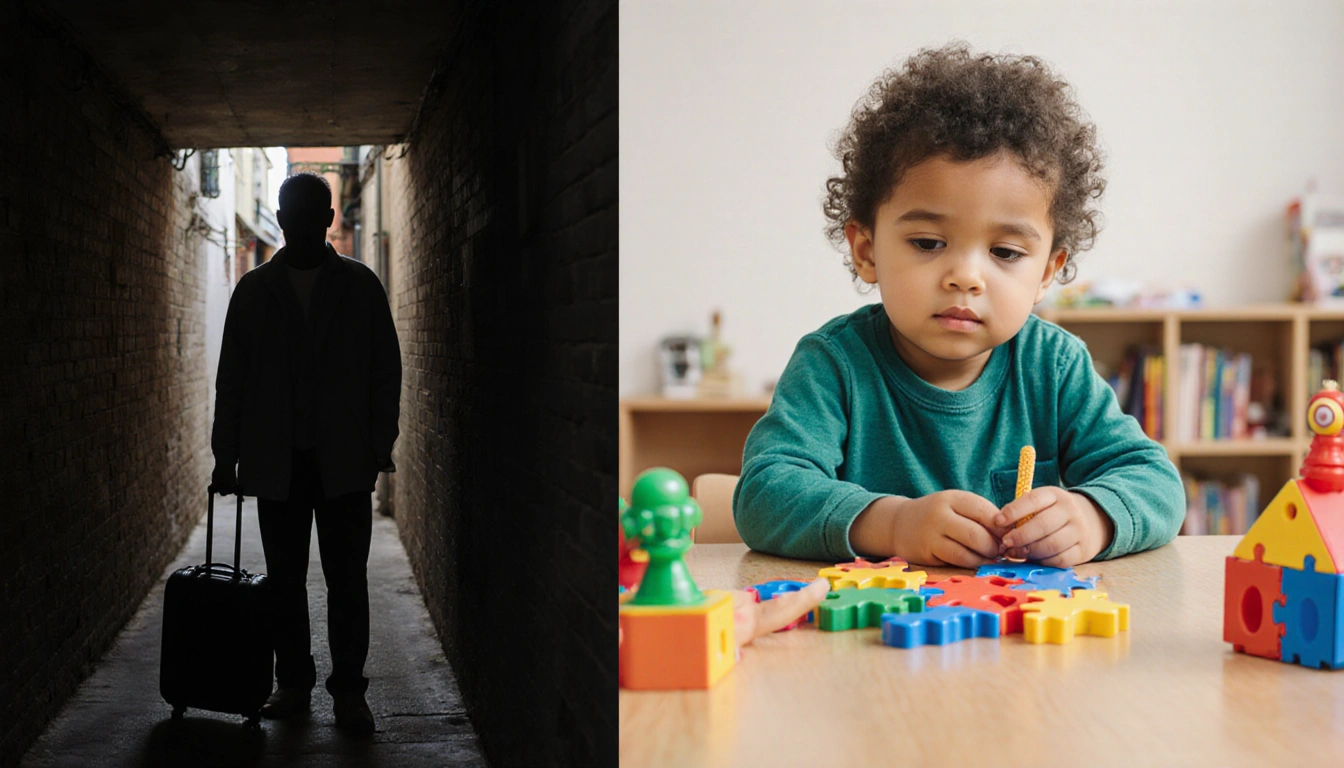 Adult standing in dim alley with suitcase and uncertainty from fraud and child with autism in therapy with toys and support a